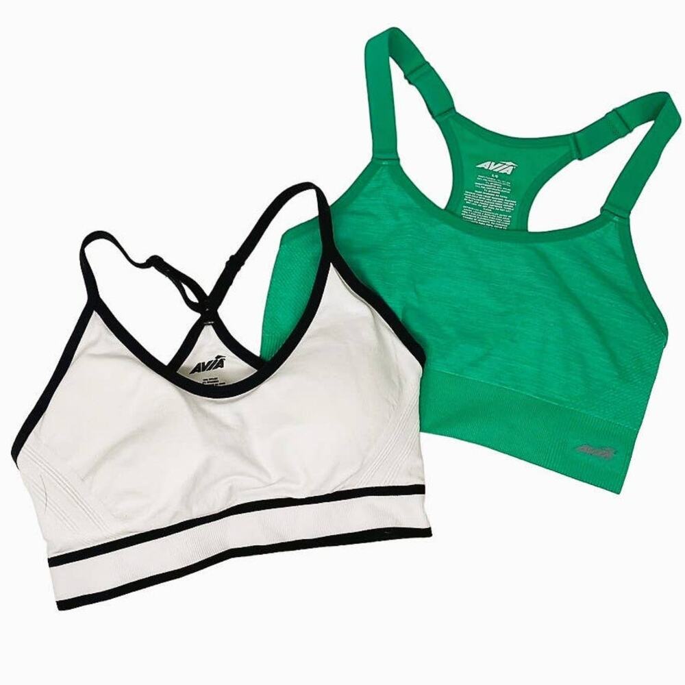 2 AVIA Green & White Activewear Athletic Cami Sports Bras ~ Women's Size LARGE